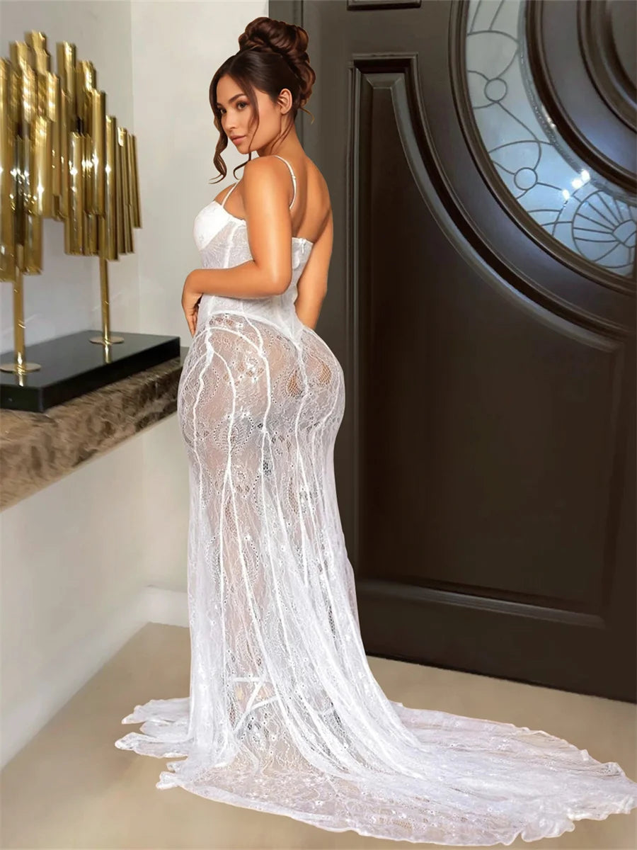 Sexy Mesh Jacquard Dress Women See Through Patchwork Sleeveless Backless Stretch Skinny Midnight Party Club Vestidos