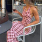 Vintage Plaid Print Halter Neck Two Piece Set Cowl Neck Backless Crop Top and Maxi Skirt Summer Retro Inspired Outfits