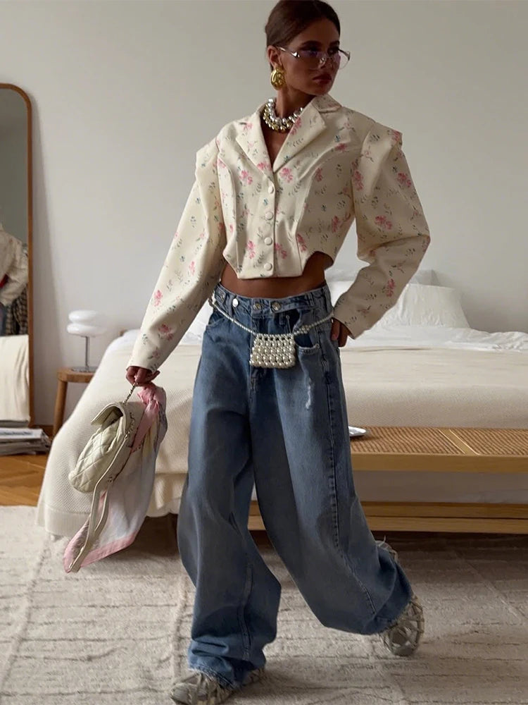 Lapel Crop Shirt Women Autumn Shoulder Padded Single Breasted Simple Wild Sweet Office Streetwear Irregular Jacket