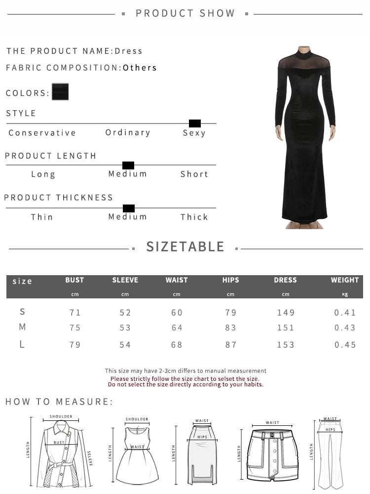 Full Sleeve Turtleneck Mesh Patchwork Long Dress Woman Elegant Velvet Slim High Waist Evening Prom Party Elegant Bodycon