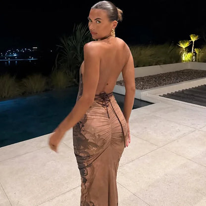 Brown Lace Print Halterneck Maxi Dress Woman Clothing Sexy Evening Party Summer Dresses 2026