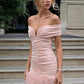 Sexy Furs Patchwork Dress Women Fashion Slash Neck Ruched Peach Buttocks Elegant Chic Evening Party Club Mini Bodycon
