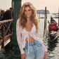 See Through Lace White Shirts & Blouses Tie Front V-neck Cardigan Long Sleeve Top Sexy Woman Clothes