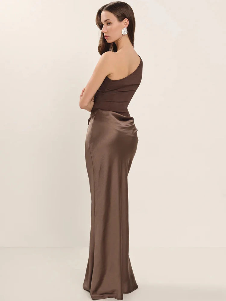 Satin Inclined Shoulder Sexy Maxi Dress Women Fashion Patchwork Sleeveless Backless Bodycon Evening Club Party Dress