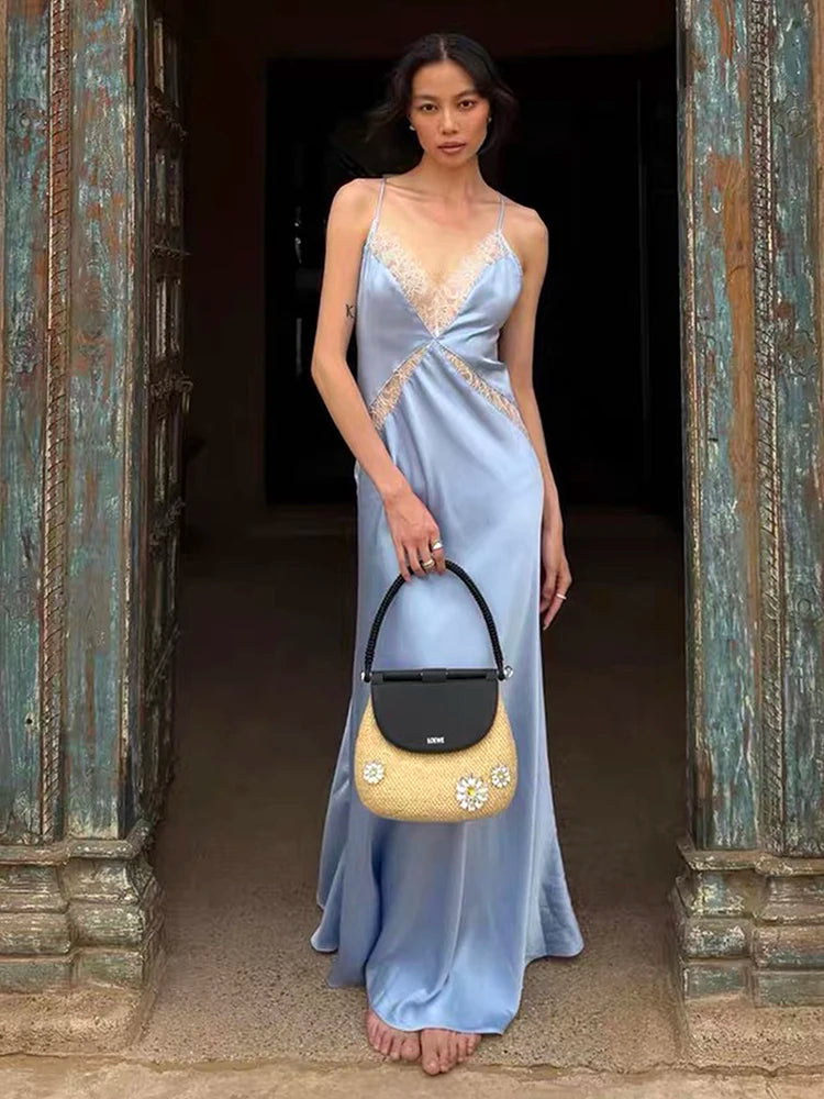 Patchwork Satin Lace Maxi Dress Women v-Neck Sleeveless Backless Summer Fashion Vacation Party Chic Elegant Vestidos