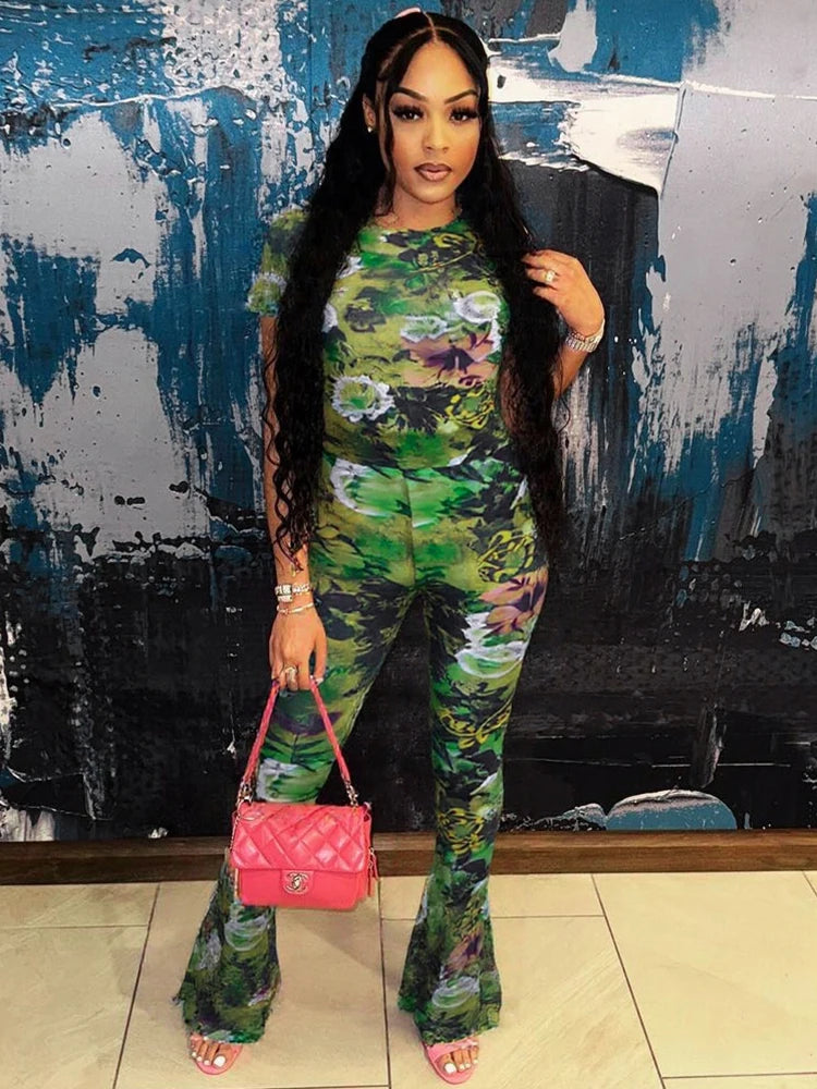 Mesh Patchwork 2 Piece Set Women Flower Print Short Sleeve Crop Tops+Stretch Flared Pants Street Fashion Sexy Outfits