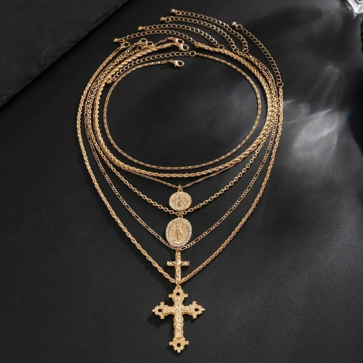 6Pcs/Set Punk Big Cross Jesus Pendant Choker Necklace for Men Collaes Hip Hop Adjustable Chain Christian Jewelry Gift