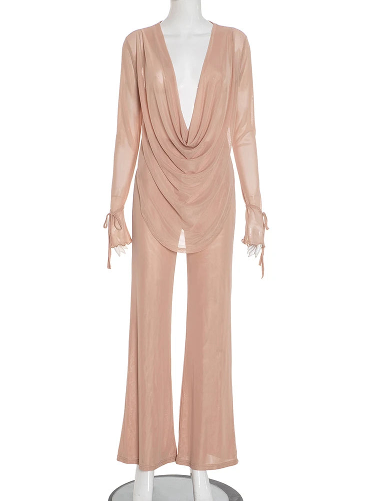 See Through Women 2 Piece Set Sexy Coquette Full Sleeve Swing Collar Tees+Straight Pants Simple Matching Clubwear