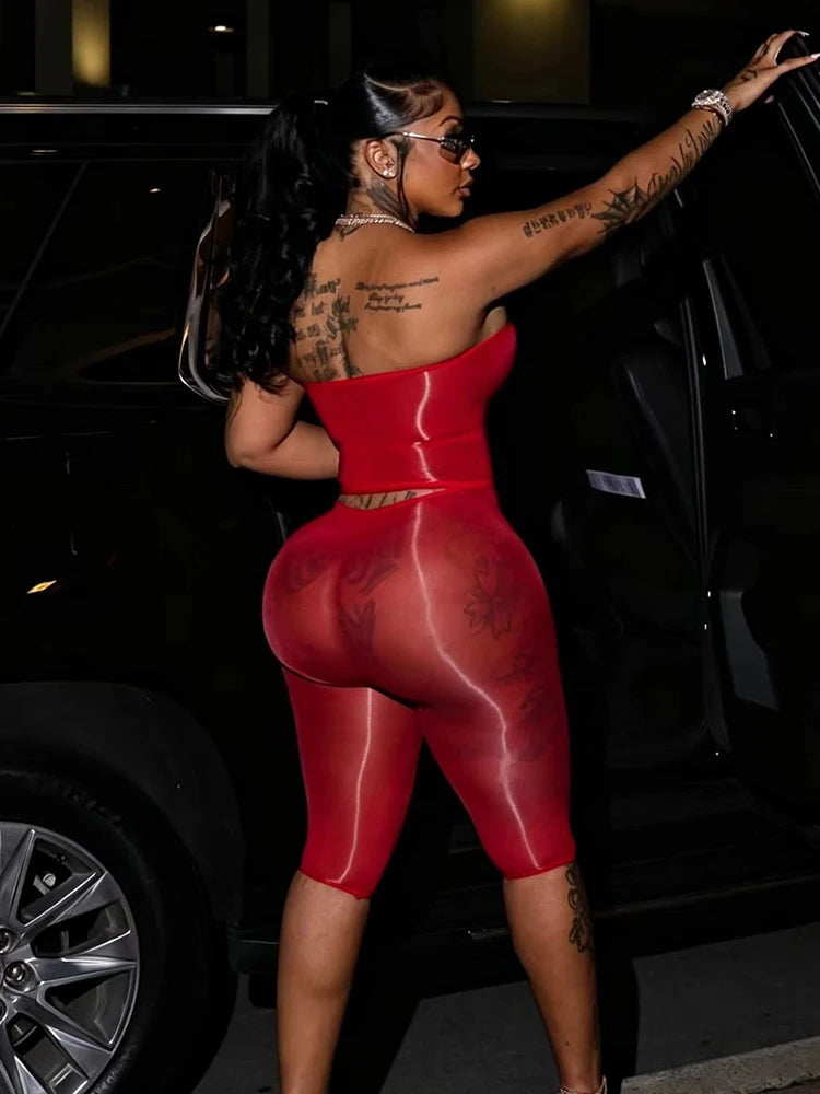 Sexy Fashion 2 Piece Set Woman Mesh See Through Wrap Chest Backless Tank Tops+Skinny Peach Hip Crop Pants Clubwear