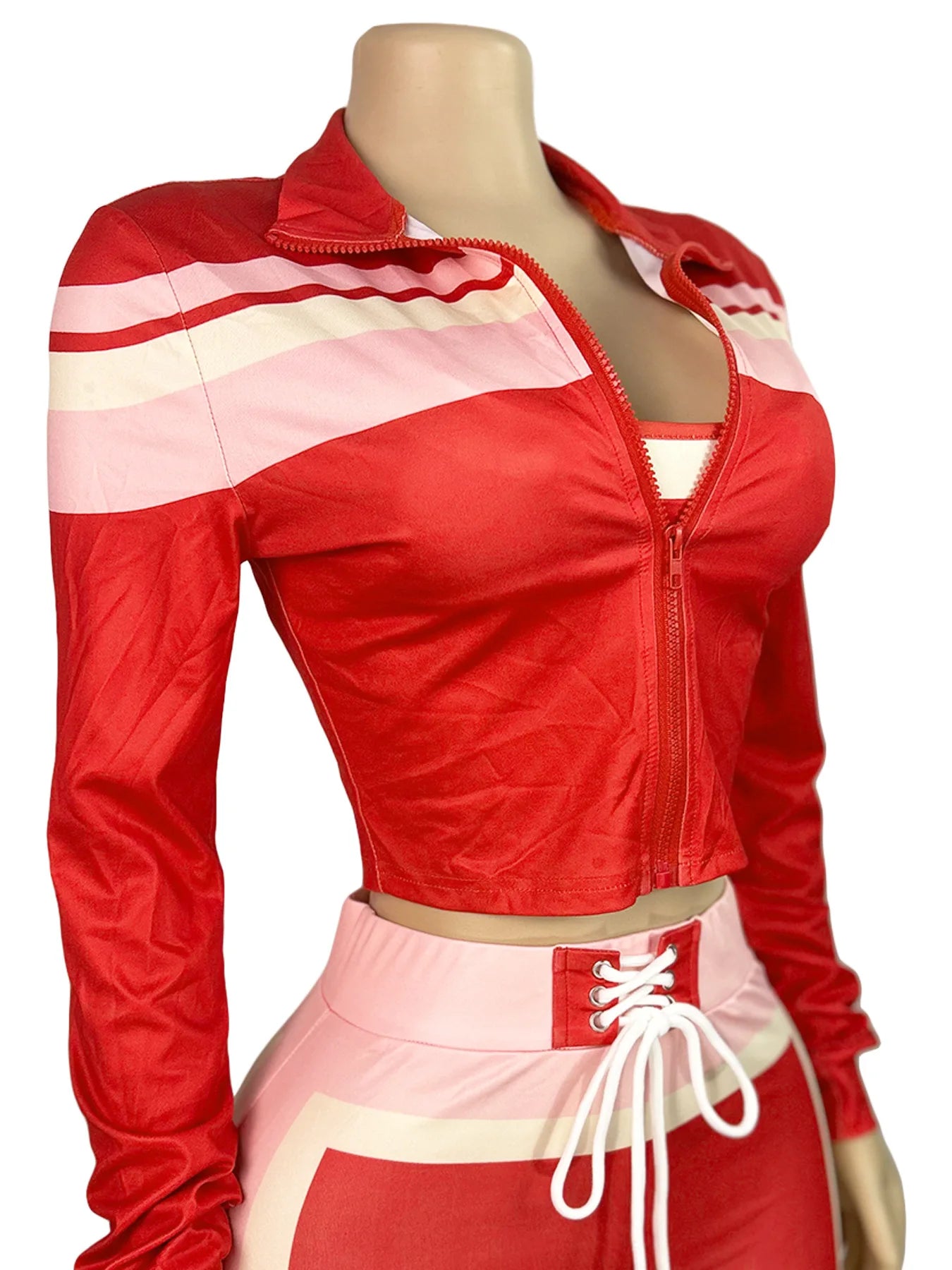 Sporty 2 Piece Set Women Tracksuit Casual Patchwork Zip Long Sleeves Crop Top+Stretch Pants Matching Street Outfits