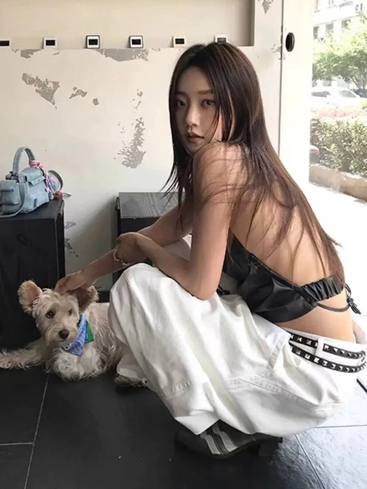 Folds PU Tank Tops Women Y2K Faux Leather Sleeveless Bandage Backless Halter Hip Hop Style Hottie Sexy Midnight Tops