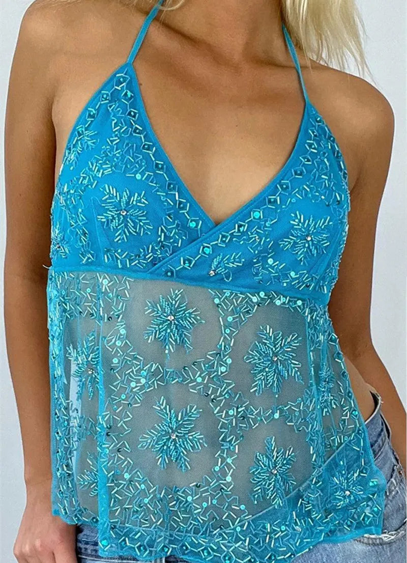 Women's Sequin Halter Tank Tops Sleeveless V-Neck Backless Slim Fit Sheer Mesh Vest Y2k Sparkle Club Party Rave Outfit