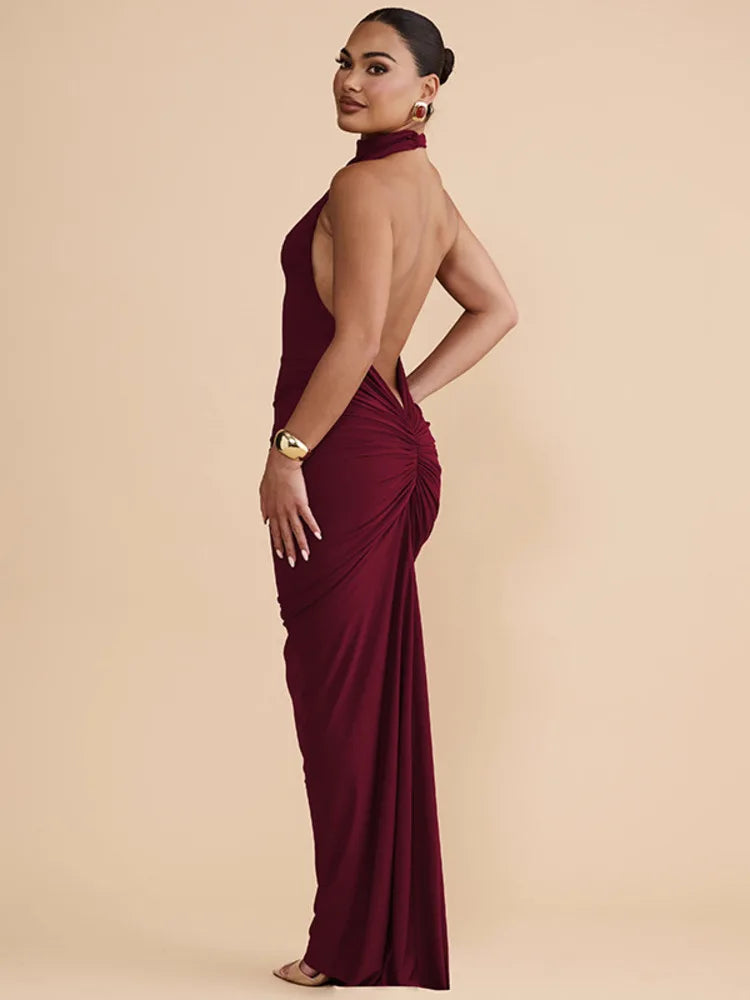 Halter Diagonal Collar Backless Sexy Maxi Dress Women Elegant Off-shoulder Sleeveless Bodycon Club Party Long Dress