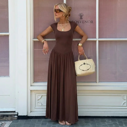 Cap-sleeve Flowing Pleated Maxi Dress Brown 2026 Fall Dresses for Woman Elegant Clothing