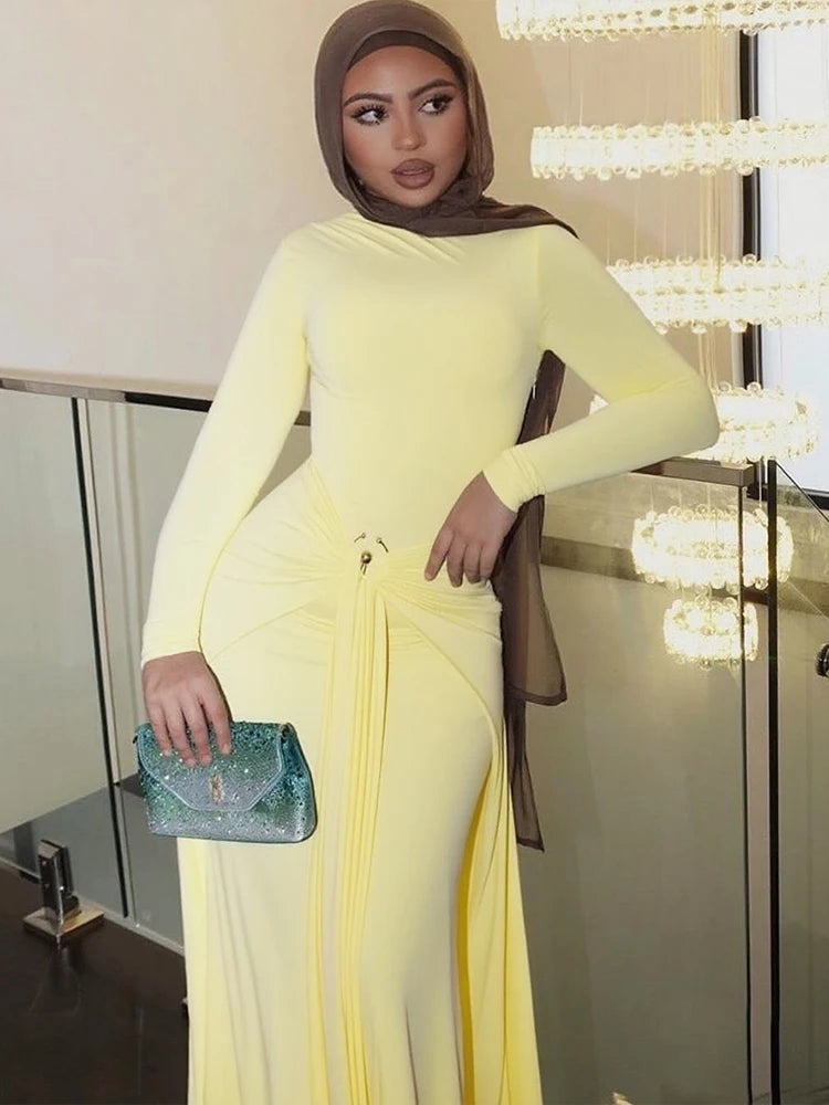 Ruched Elegant Maxi Dress Women Daily Casual Fashion Skinny Full Sleeve Solid Gown Midnight Prom Party Long Bodycon