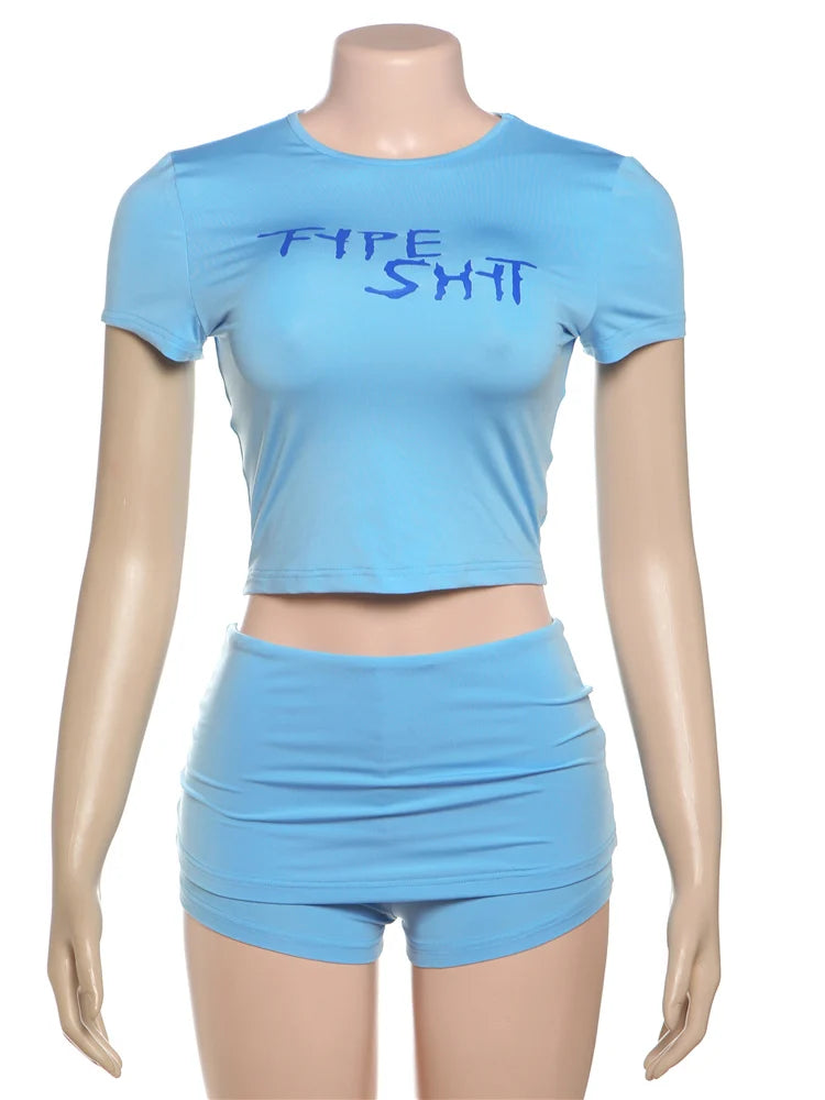 Letter Print 2 Piece Set Women Tracksuit Short Sleeve Crop Tops+Ruched Shorts Daily Fashion Casual Sporty Streetwear