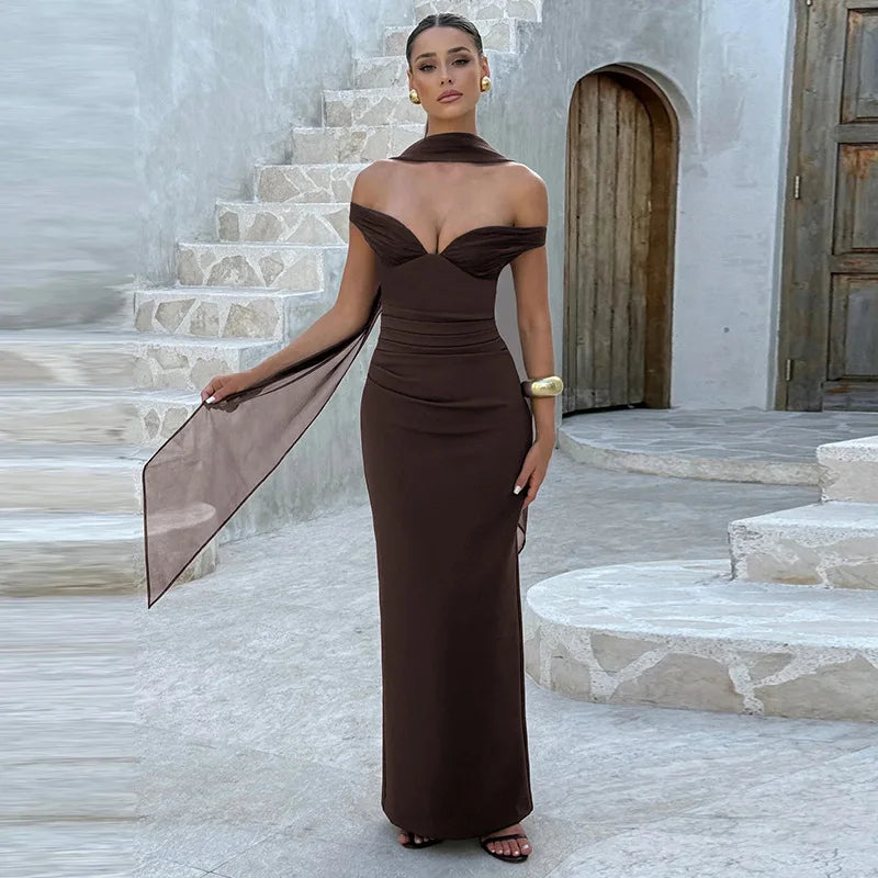 Sexy Off Shoulder Backless Long Maxi Dresses Wedding Guest Party Pink Dress Woman Elegant Evening Gown