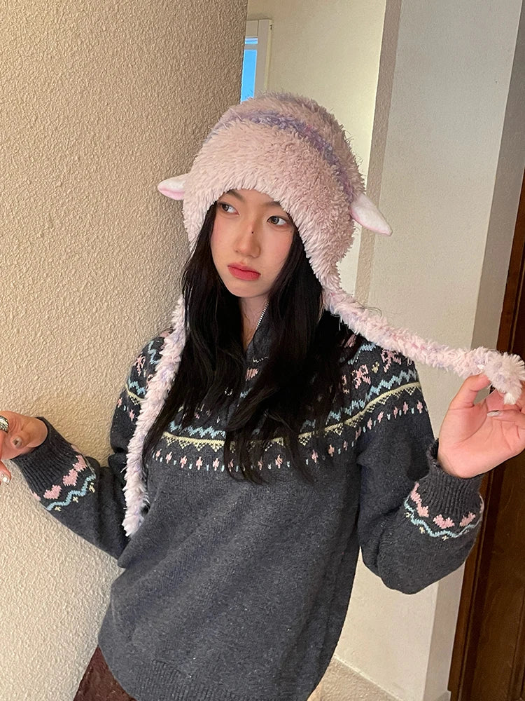 Y2K Sweet Macaron Goat Ear Pom Pom Beanie For Women