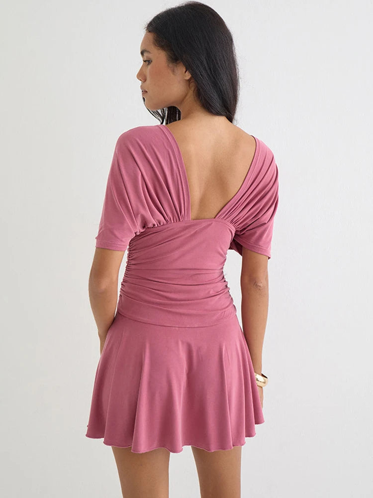 Women Deep V Neck Batwing Short Sleeve Mini Dress Waist Ruched Wrap A‑Line Dress Elegant Casual Party Dresses For Women