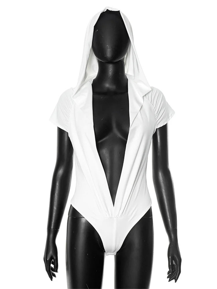 Hooded Bodysuit Women Summer Simple Deep v-Neck Short Sleeve Tops Trend Hipster Solid Clubwear Stretch Tight Bodycon