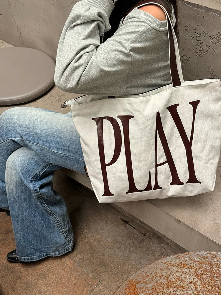 Off White Large Canvas Tote Bag with Bold Maroon "PLAY" Print for Women