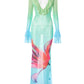 Gradient Mesh Maxi Dress Women Flower Print Ruffles Low-Neck Flared Sleeve Summer Holiday Beach Style Skinny Vestidos