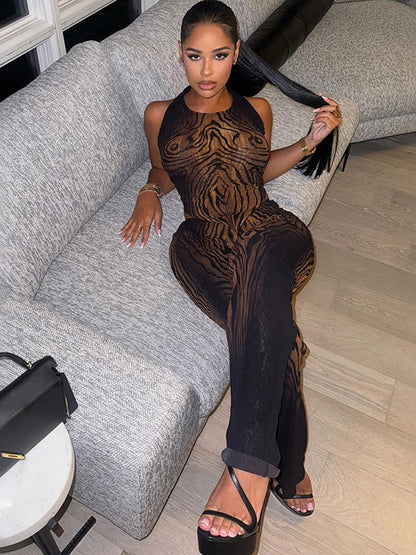 Stripe Print Women 2 Piece Set coquette See Through Hipster Full Sleeve Crop Tops+Straight Pants Matching Clubwear