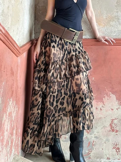 Ruched Tierred Long Skirts Women Leopard Print High Waist Stretch Bottoms Spicy Girls Fashion Trend Wild Streetwear