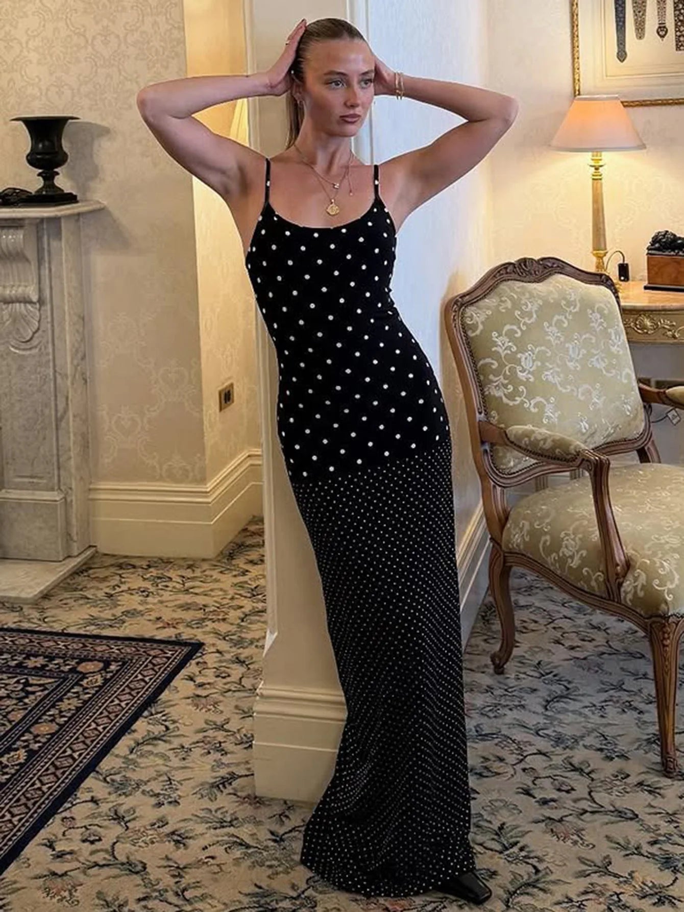 Polka Dot Slip Dress White Black French Style Elegant Sleeveless Backless Long Maxi Dresses for Woman