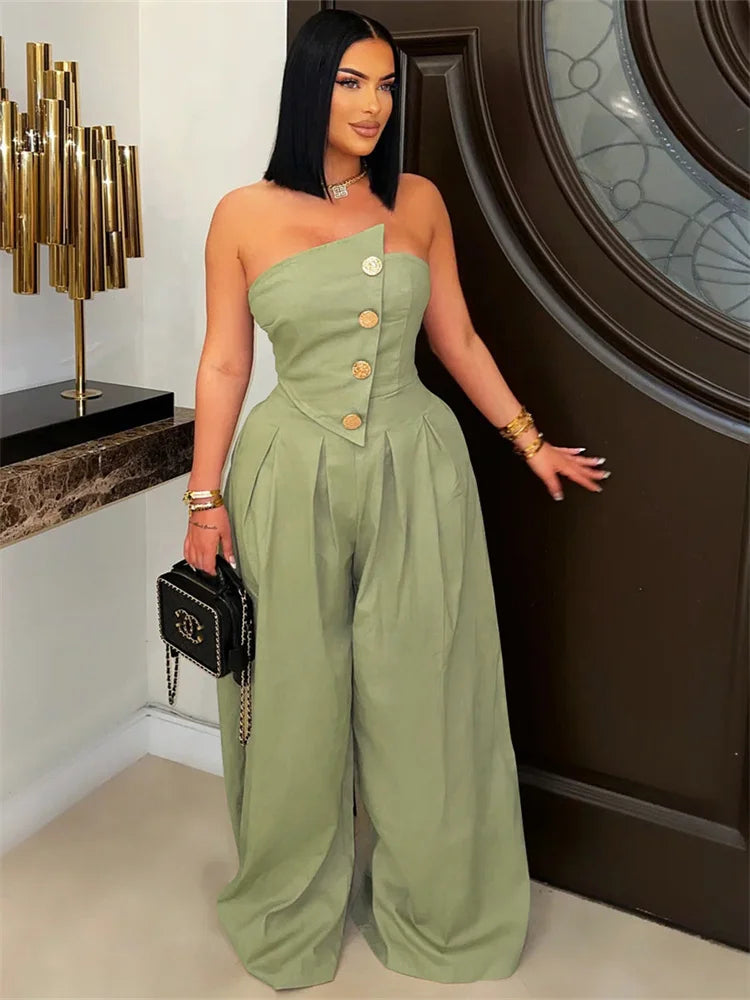 Metal Buttons Patchwork Wide-Leg Jumpsuit Women Summer Trend Strapless Zip Backless Street Fashion Classic Overalls