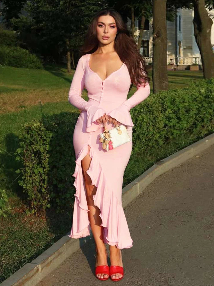 Elegant Women Dress Single-Breasted Irregular Split Ruffles Full Sleeve Autumn Trend Low-Neck Banquet Party Vestidos