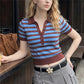 Y2K Women Lapel Knit Top Striped Short Sleeve Button V Neck Cropped T Shirt Slim Fitted Retro Casual Knitted Blouse