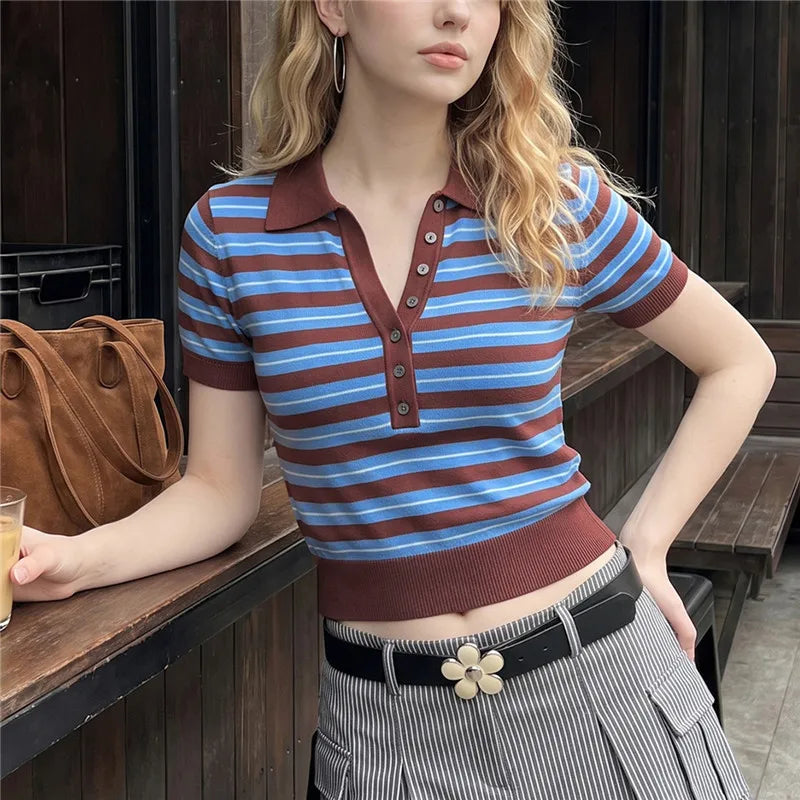 Y2K Women Lapel Knit Top Striped Short Sleeve Button V Neck Cropped T Shirt Slim Fitted Retro Casual Knitted Blouse