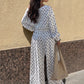 Casual Fashion 2 Piece Set Woman Polka Dot Print Skew Collar Full Sleeve T-Shirts+Drawstring Long Pants Classic Suits
