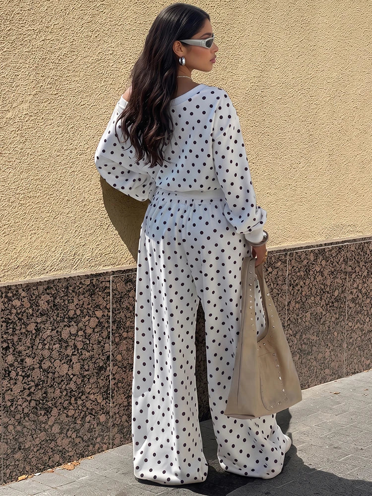 Casual Fashion 2 Piece Set Woman Polka Dot Print Skew Collar Full Sleeve T-Shirts+Drawstring Long Pants Classic Suits