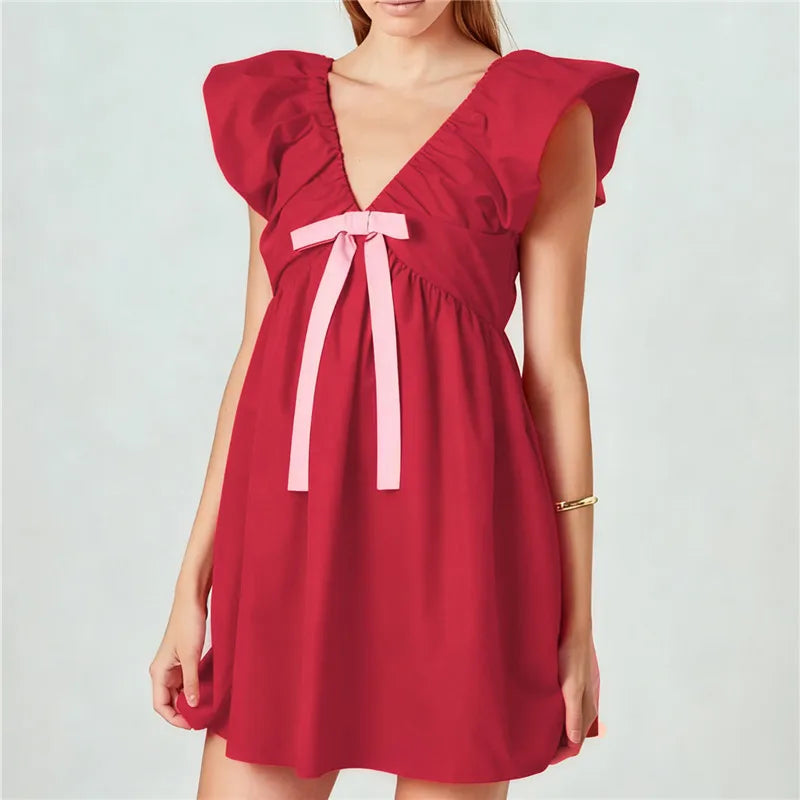 Women's Mini Dress Casual A Line Stylish Decorative Bow V Neck Flying Sleeve Dress for Spring Summer Sweet Girl Sundress