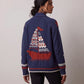 Women Shawl Collar Knit Cardigan Star Sailboat Jacquard Long Sleeve Button Pocket Retro Preppy Fall Sweater Outerwear