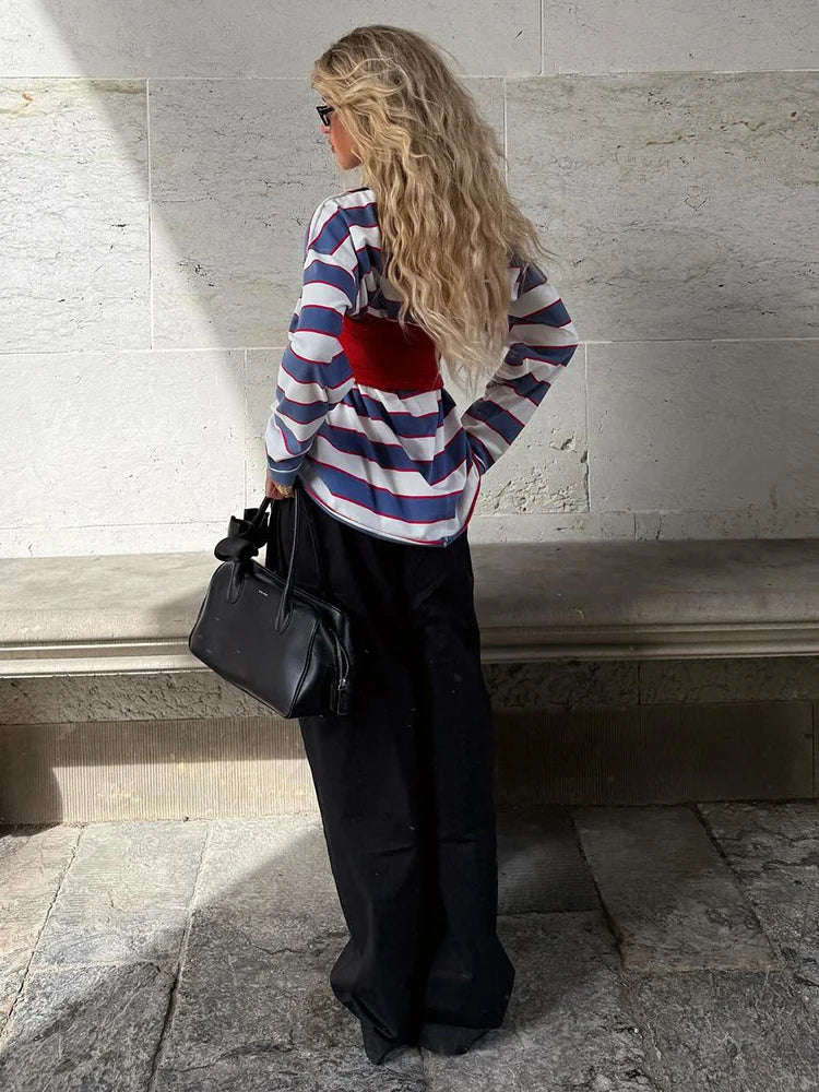 Trend Tops 2 Piece Set Women Fashion Simple Waist-Cinching Vest+Striped Print Full Sleeve T-Shirts Chic Street Tess