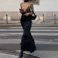Lace Satin Flowy Fishtail Dress Women Party Elegant Sexy Black Deep V Neck Backless Going Out Long Dresses