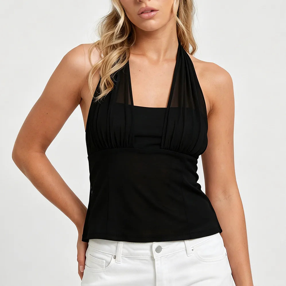 Y2K Women Halter Sleeveless Top Mesh Patchwork Ruched Bust Back Tie Slim Fit Camisole Summer Streetwear Party Clubwear