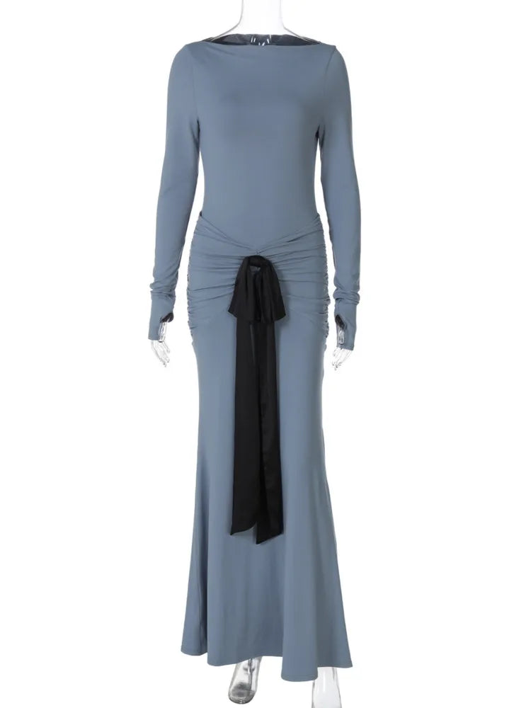 Long Sleeve Ruched Bow Sexy Maxi Dress For Women Autumn Fashion Patchwork O Neck Bodycon Club Party Long Dresses Female