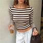 Ladies Striped Ribbed Knit Crop Top Boat Neck Long Sleeve Form Fitting Slim Fit Casual Streetwear Fall Winter Daily Wear