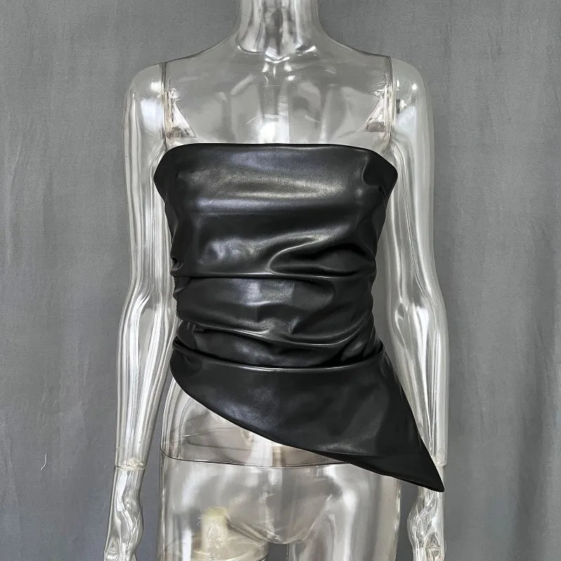 PU Leather Tube Top Sexy Women Summer Tanks 2025 Fashion Asymmetrical Strapless Backless Crop Tops