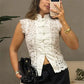 Lace Sleeveless Top Women Mandarin Collar Cap Sleeve Hollow Floral Lace Shirt Frog Buttons Slim Cropped Split Front Tops
