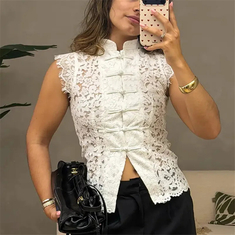 Lace Sleeveless Top Women Mandarin Collar Cap Sleeve Hollow Floral Lace Shirt Frog Buttons Slim Cropped Split Front Tops