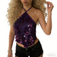 Women Sequin Halter Top Solid Color Backless Tie Up Crop Top Handkerchief Hem Sparkly Club Party Summer Cami Blouse