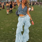 Transparent Chiffon Wide Leg Pants Women Bottoms Music Festival Ruffled Flared Pants Streetwear Clothing
