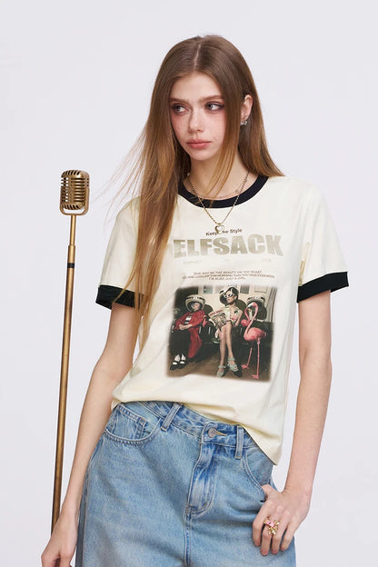 Women's Vintage Ringer T-Shirt with Photo Graphic Print, Retro Contrast Tee for Summer, Chic Aesthetic Short Sleeve Top