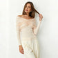 Off The Shoulder Long Sleeve Top with Sheer Mesh Ruched Overlay Elegant Fall T Shirts Woman Clothing