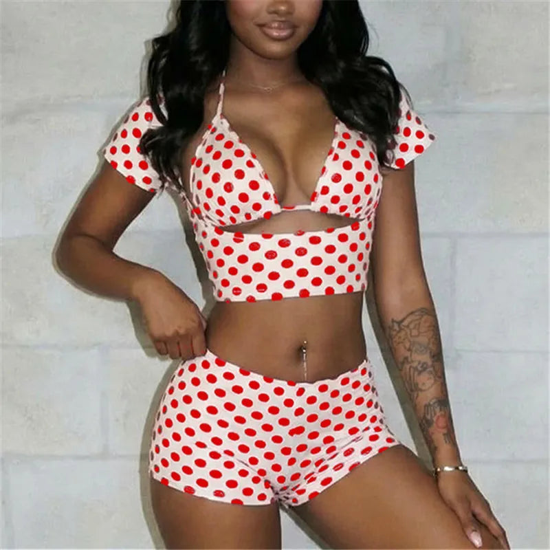 Women Polka Dot 3Piece Outfit Halter Bikini Crop Top Short Sleeve Cover Up+Shorts Sexy Club Party Night Out Matching Set